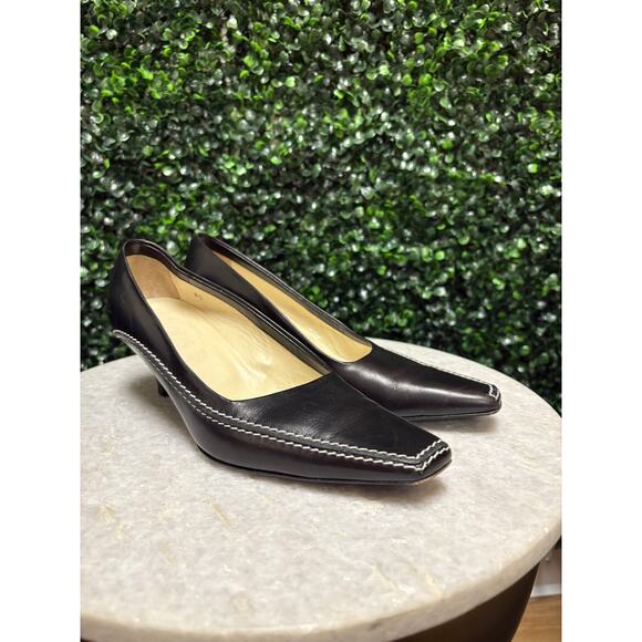 Tods Square Toe Kitten Heel Pumps black white stitch size 6.5 - Picture 5 of 13